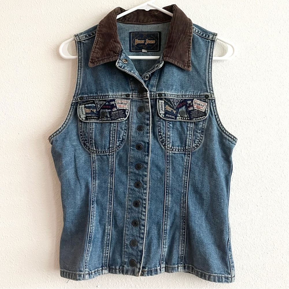 Guess Jeans Vintage Y2K Patchwork Pocket Corduroy Collar Denim Vest Size Large